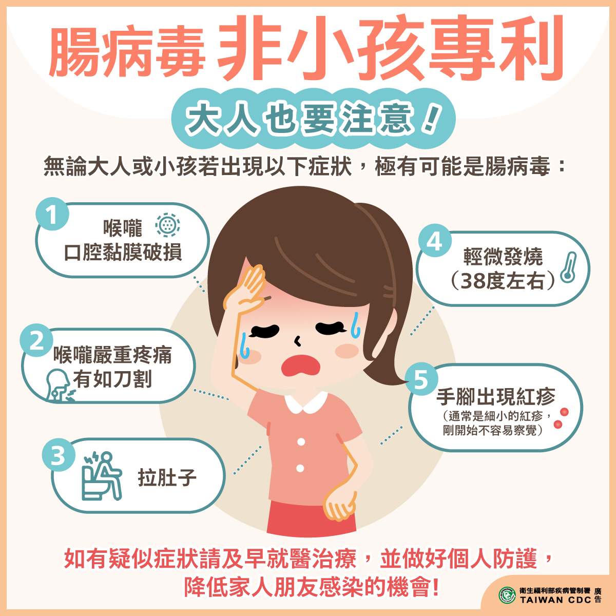 腸病毒症狀大人小孩不一樣 及早發現及早治療