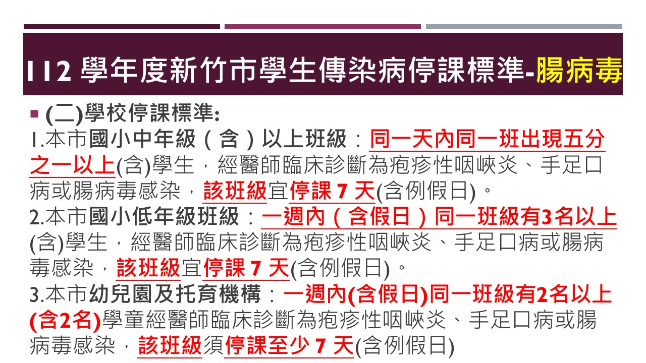 112 學年度新竹市學生傳染病停課標準2023.12.20市府公告修正2